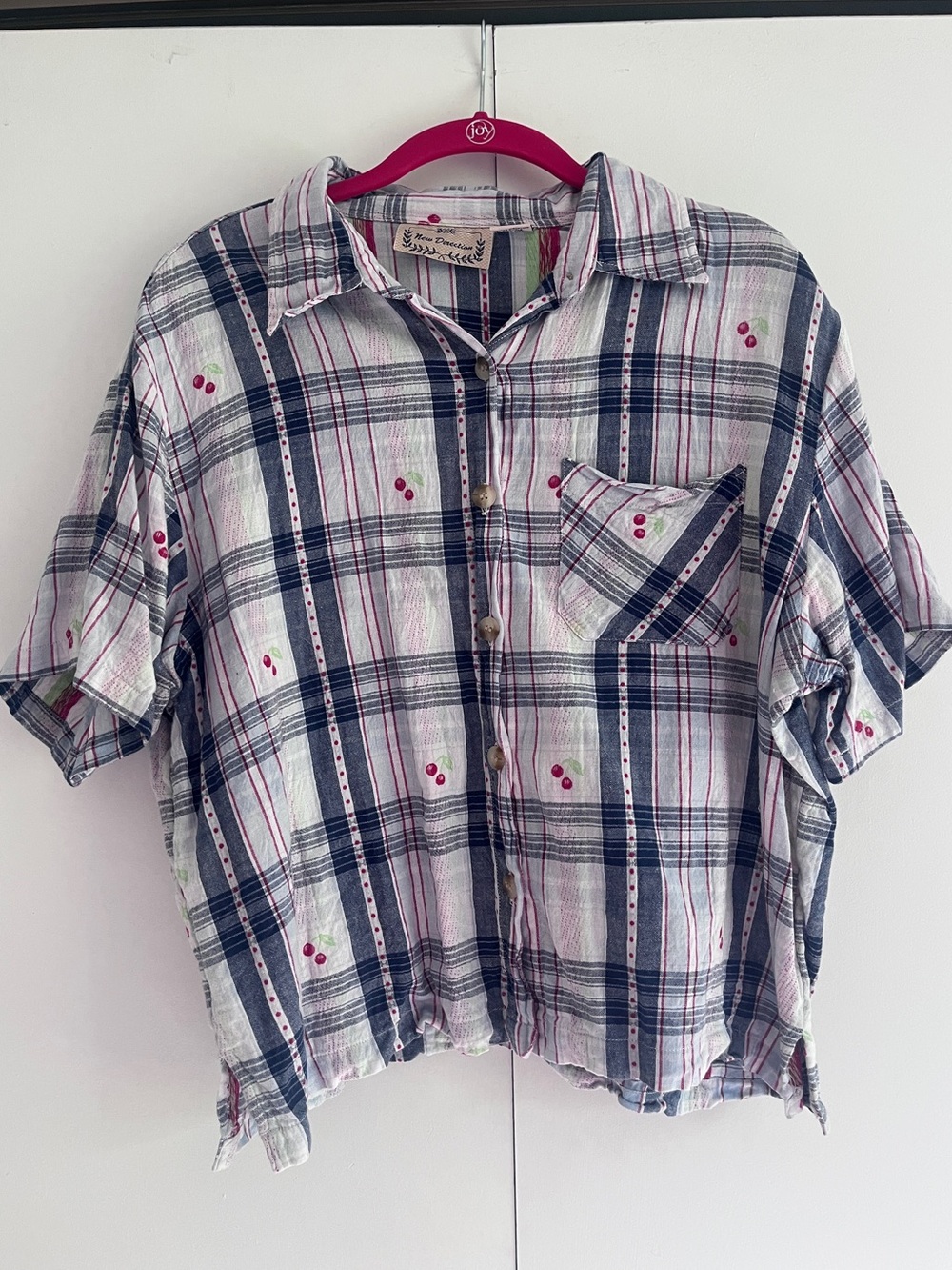 new directions Navy & White Plaid Button-Down Shirt with Red Cherry Accents